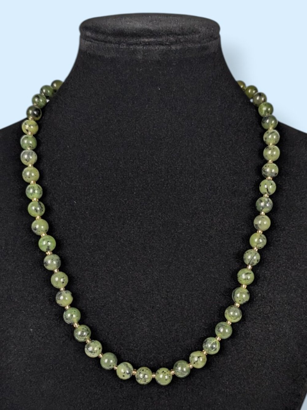 Vintage 8mm Natural Spinach Nephrite Beaded Necklace